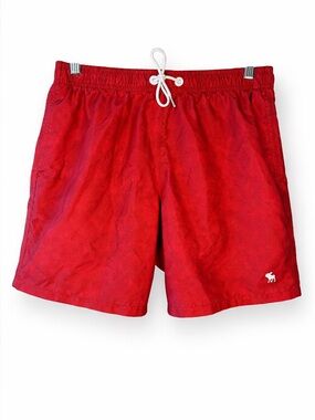 Abercrombie Swim Trunks Red Moose Logo Elastic Waist 7" Inseam S